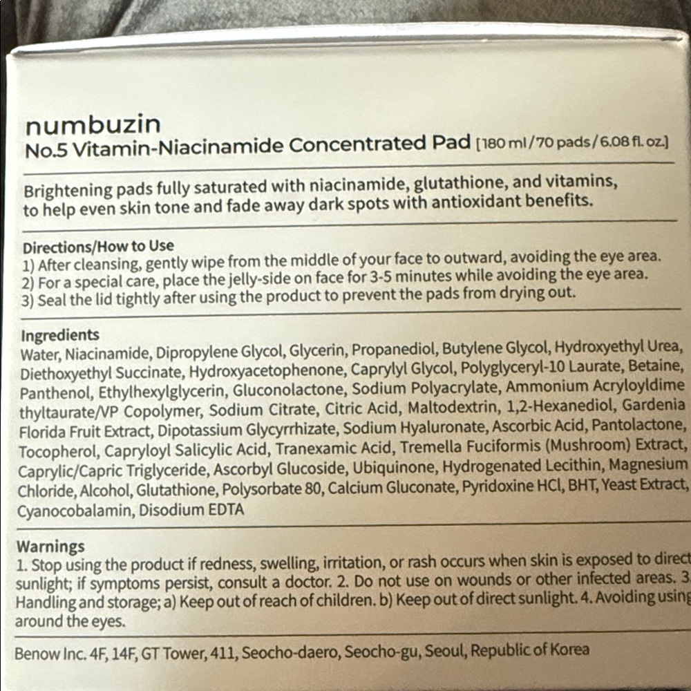 NWT Korean Skincare Numbuzin Vitamin Niacinamide Concentrated Pads - 70 pads - Picture 6 of 6